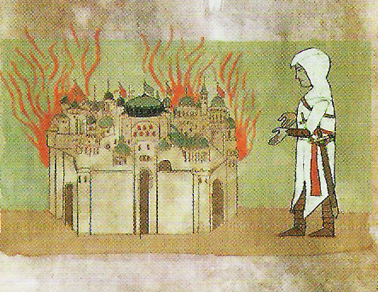 city burning Altair gesturing resignedly to a burning city, art in medieval style