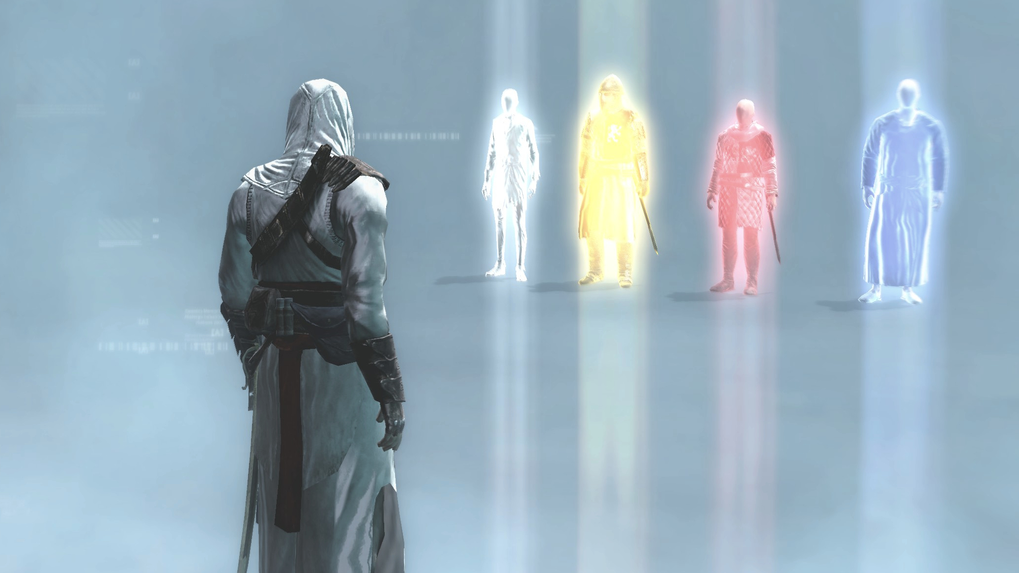Eagle Vision Altair in the tutorial void looking at residual auras detected by his Eagle Vision